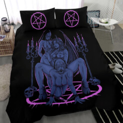 Skull Satanic Pentagram Thorn Candle Satanic Cross Erotic Possession 3 Piece Duvet Set Sexy Wild Blue Pink