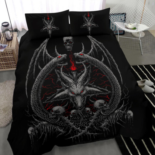 Skull Demon Satanic Goat Satanic Pentagram Serpent 3 Piece Duvet Set Silver And Red