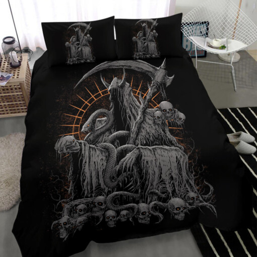 Skull Serpent Hooded Reaper Demon Skull Trophy 3 Piece Duvet Set Silver