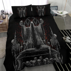 Skull Hooded Demon Impaled Coffin Shrine 3 Piece Duvet Set Silver Red