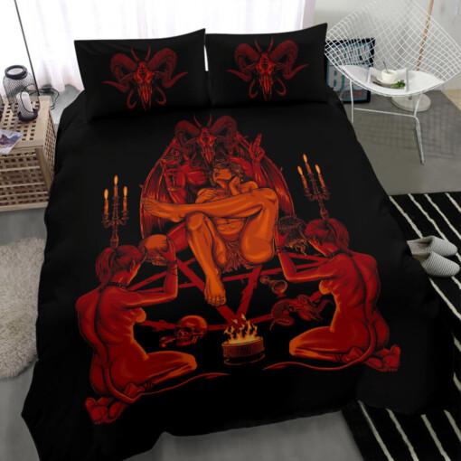 Satanic Pentagram Goat Skull Alcohol Fueled Messiah Head Anatomy Celebration Party 3 Piece Duvet Set Red