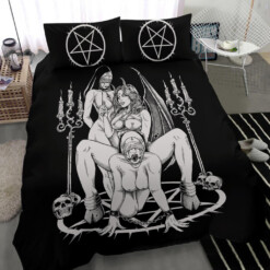 Skull Satanic Pentagram Thorn Candle Satanic Cross Erotic Possession 3 Piece Duvet Set Black And White