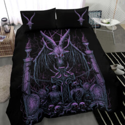 Skull Satanic Pentagram Baphomet Demon Bat Wing Goat Grave Shrine 3 Piece Duvet Set Night Blue Purple Pink Tint