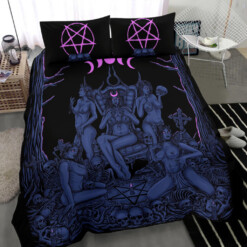 Skull Demon Satanic Pentagram Sexy Witch Throne 3 Piece Duvet Set New Erotic Blue Pink