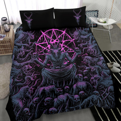 Skull Skeleton Satanic Goat Skull Trophy Demon Breed 3 Piece Duvet Set Night Blue Pink