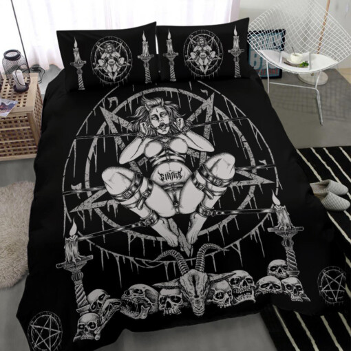Skull Demon Satanic Baphomet Goat Satanic Pentagram Chained To Sin And Lovin It 3 Piece Duvet Set Black And White