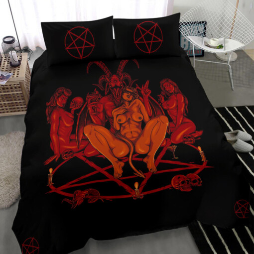 1 Skull Satanic Goat Pentagram Lust God Naughty And Lovin It Cocktail Flesh Party 3 Piece Duvet Set Red