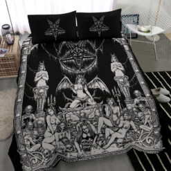 Satanic Pentagram Skull Sexy Winged Demon Welcome To Hell's Pearly Pleasure Gates 3 Piece Duvet Set Black And White-