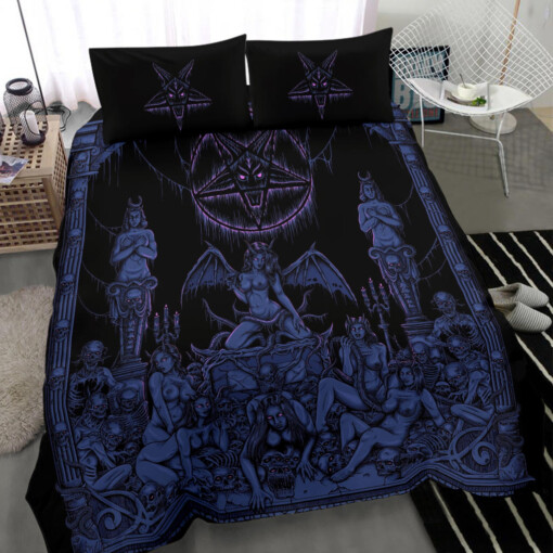 Satanic Pentagram Skull Sexy Winged Demon Welcome To Hell's Pearly Pleasure Gates 3 Piece Duvet Set Erotic Blue Pink