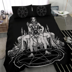 Skull Satanic Pentagram Candle Chained Erotic Latex Bunny Mask Party 3 Piece Duvet Set Black And White