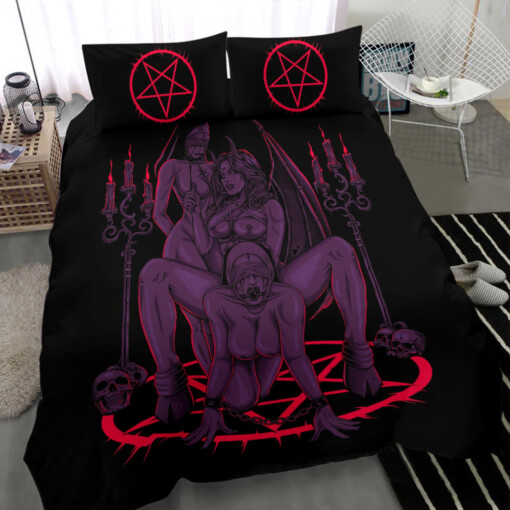 Skull Satanic Pentagram Thorn Candle Satanic Cross Erotic Possession 3 Piece Duvet Set Awesome Glowing Purple Red