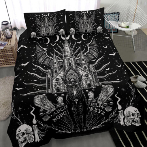 Skull Skeleton Diabolic Cat Coffin Bat Night House Ouija board Style Coffin Window 3 Piece Duvet Set