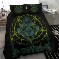 Skull Demon Satanic Baphomet Goat Satanic Pentagram Chaine To Sin And Lovin It 3 Piece Duvet Set Awesome Glowing Green