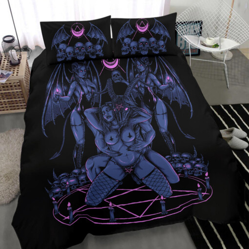 Skull Baphomet Erotic Revel In Freedom And Realize It Throne 3 Piece Duvet Set Sexy Blue Pink