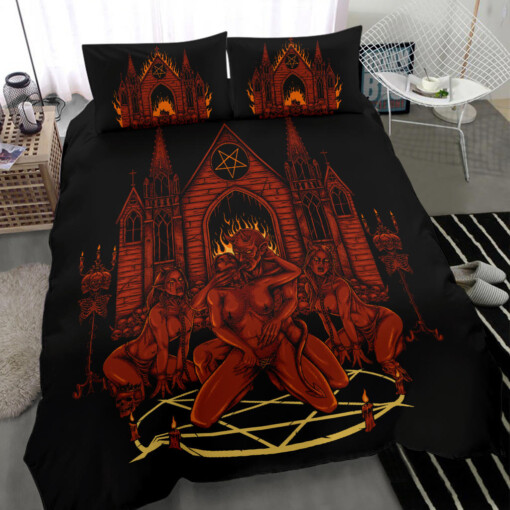 Skull Satanic Pentagram Demon Lucifer's Chapel Of Flesh 3 Piece Duvet Set Red Flame