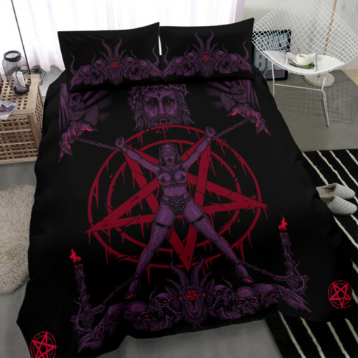 Skull Satanic Pentagram Demon Chained To Sin And Lovin It Part 2 -3 Piece Duvet Set Awesome Glowing Purple