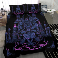 Skull Satanic Pentagram Serpent Impaled Erotic Demon Foursome 3 Piece Duvet Set Sexy Blue Pink