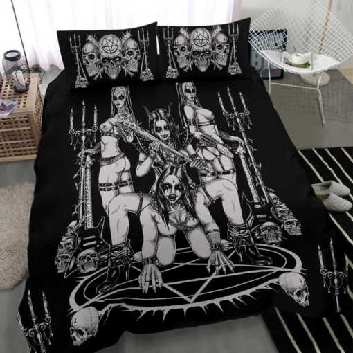 Skull Satanic Pentagram Ultimate Black Metal Lover Demon 3 Piece Duvet Set Black And White