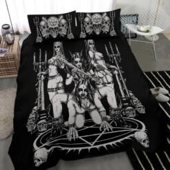 Skull Satanic Pentagram Ultimate Black Metal Lover Demon No Candle Corner 3 Piece Duvet Set Black And White