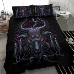 Skull Satanic Pentagram Serpent Candle 4 Eyed Baphomet 3 Piece Duvet Set Night blue Pink