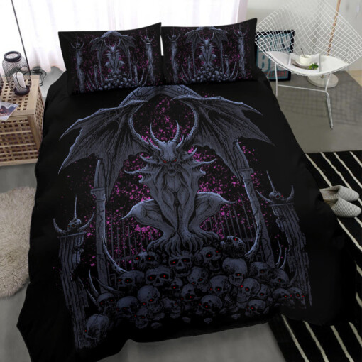 Skull Batwing Gargoyle Demon 3 Piece Duvet Set Night Blue Pink