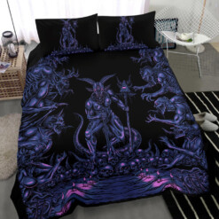 Skull Satanic Malevolent Cyclops Baphomet Goat Demon Onslaught 3 Piece Duvet Set Awesome Night Blue Pink