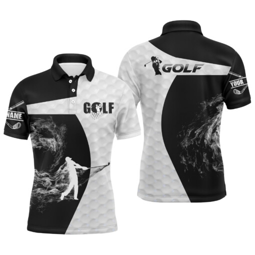 Black And White Long Sleeve Golf Polo Shirts For Mens Custom Name Golf Upf Shirts Golfer Gifts