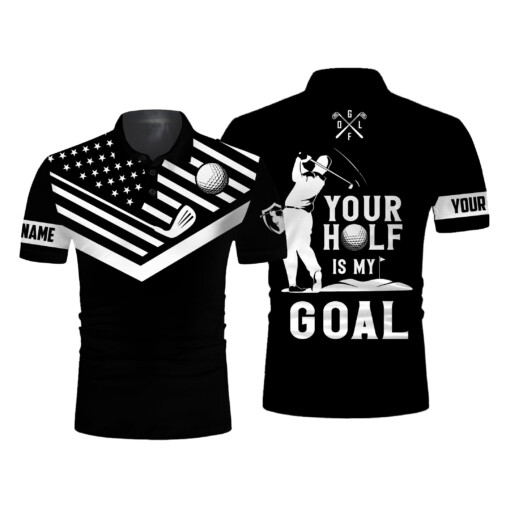 Black Mens Golf Polo Shirt White American Flag Custom Name Your Hole Is My Goal Funny Golf Team Shirt