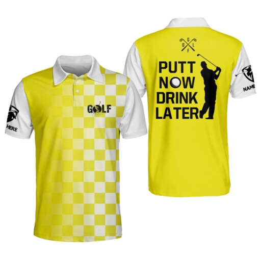 Custom Funny Golf Shirts for Men Putt Now Drink Later Mens Golf Polo Shirts Dry Fit Short Sleeve Crazy Golf Shirts for Men GOLF