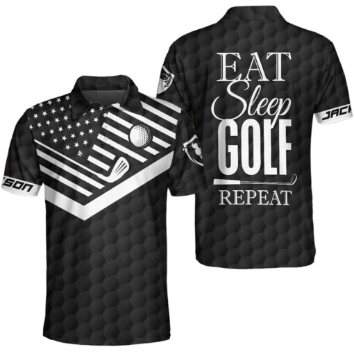 Eat Sleep Golf Repeat Custom Polo Shirt Personalized Black American Flag Golf Shirt For Men