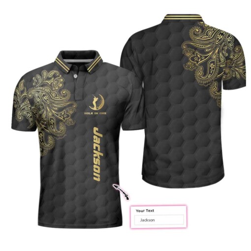 Golden Hole In One Black Golf Texture Custom Polo Shirt Personalized Golden Floral Paisley Golf Shirt For Men