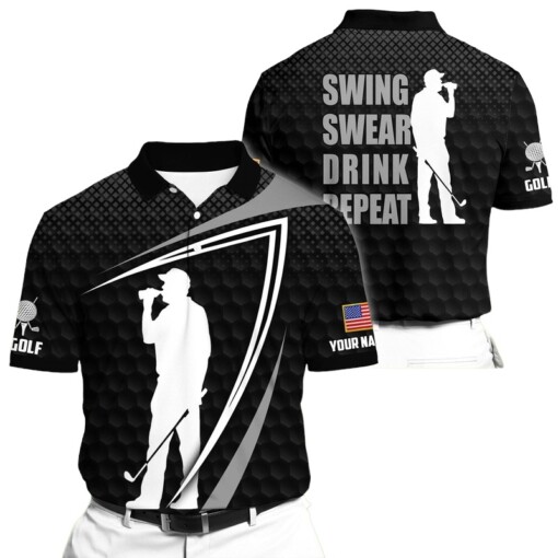 Golf Polo Shirt Premium Black Swing Swear Drink Repeat Golf Polo Shirts Multicolor Personalized Golf Shirt Patriotic Golf Shirt For Men