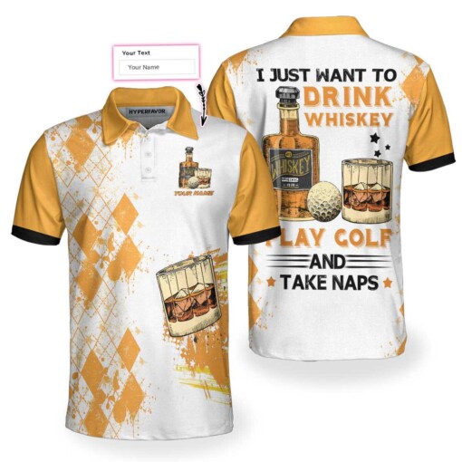 Golf Whisky And Take Naps Custom Polo Shirt Personalized Yellow Plaid Pattern Golf Shirt With Name For Golfers