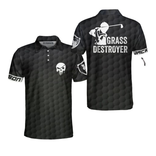 Grass Destroyer Custom Polo Shirt Black Skull Golfing Shirt Design Personalized Golf Gift Idea For Male