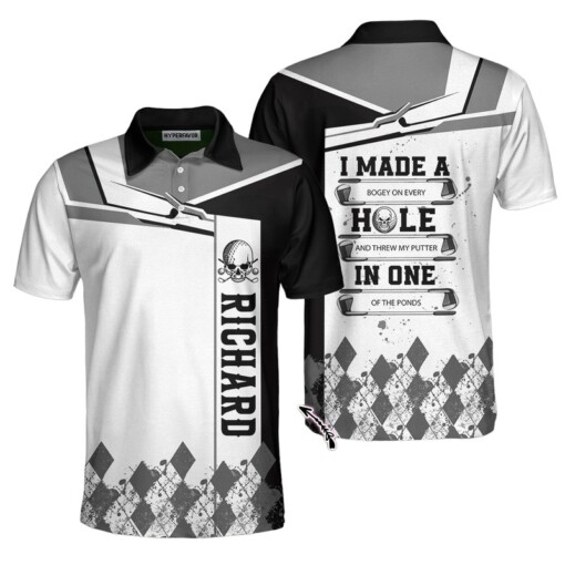 I Made A Hole In One Golf V2 Custom Polo Shirt Black And White Argyle Pattern Polo Shirt Personalized Golf Gift