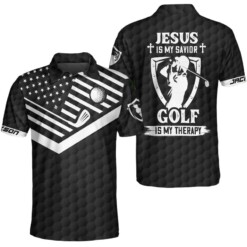 Jesus Is My Savior Golf Is My Therapy Custom Polo Shirt Personalized American Flag Golf Shirt For Men