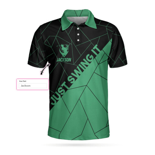 Just Swing It Abstract Geometric Line Pattern Custom Polo Shirt Personalized Black And Cyan Golf Shirt For Men