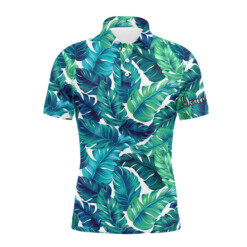 Men Golf Polo Upf Shirts Turquoise And Green Tropical Leaves Custom Team Golf Polo Shirts