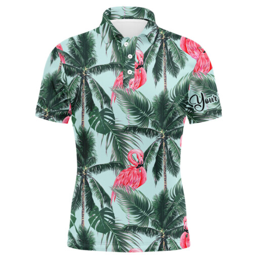 Men Golf Polo Upf Shirts With Pink Flamingos Tropical Palm Leaves Custom Team Golf Polo Shirts