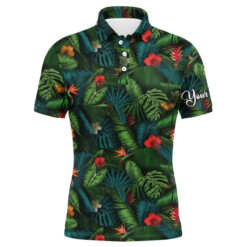 Men Golf Polo Upf Shirts With Tropical Summer Leaves Background Custom Team Golf Polo Shirts