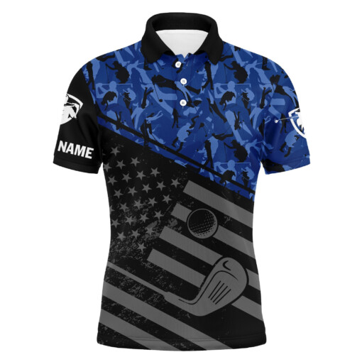 Mens Golf Polo Shirt Black American Flag Patriotic Blue Camo Polo Custom Name Golfing Gifts