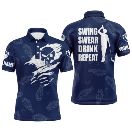Mens Golf Polo Shirt Swing Swear Drink Repeat Custom Name Golf Clubs Pattern Shirt  Navy Blue