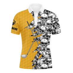 Mens Long Sleeve Golf Tops Polo Yellow Pattern Skull Golf Clubs Custom Name Golf Performance Shirts