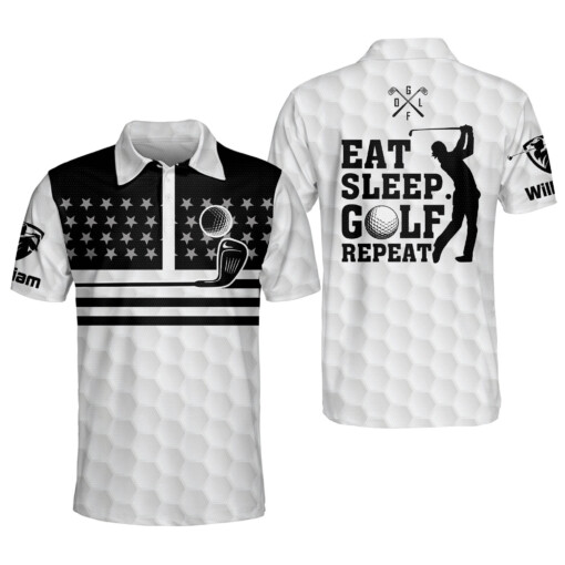 Personalized Crazy Golf Shirts for Men Eat Sleep Golf Repeat American Flag Mens Golf Shirts Dry Fit Short Sleeve GOLF