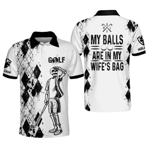 Personalized Funny Golf Polo Shirts for Men My Balls Are In My Wifes Bag Mens Skull Golf Shirts Short Sleeve GOLF