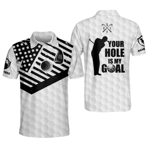 Personalized Funny Golf Shirts for Men Your Hole Is My Goal America Flag Golf Shirts Dry Fit Short Sleeve Polos GOLF