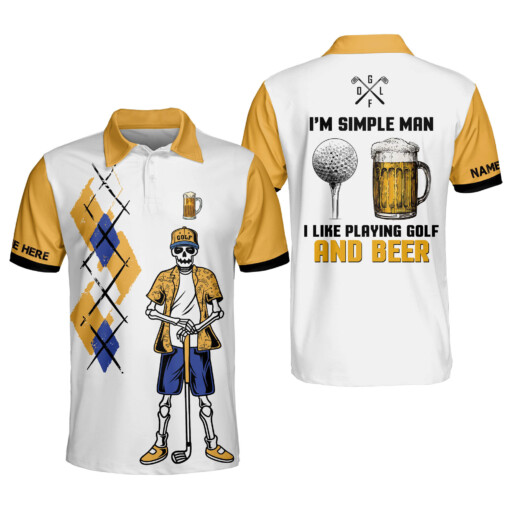 Personalized Funny Skull Golf Shirt for Men Im A Simple Man I Like Playing Golf And Beer Short Sleeve Polo Shirts for Men GOLF