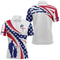 Personalized Golf Polo Shirts American Flag White Custom Name Mens Long Sleeve Golf Tops Golfing Gift