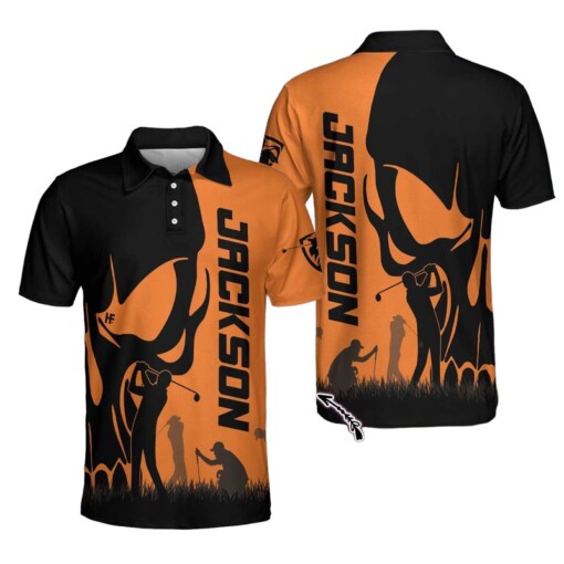 Personalized Golfer Skull Custom Polo Shirt Black And Orange Polo Shirt Best Golf Shirt For Men