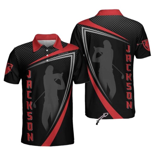 Personalized Red And Black Sport Golf Custom Polo Shirt Golfer Silhouette Polo Shirt Best Golf Shirt For Men